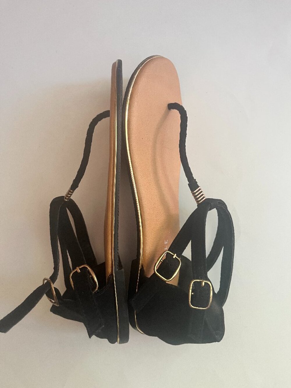 Aeropostale suade black gold trim Braided-Strap-Sandals Size 8 EUC